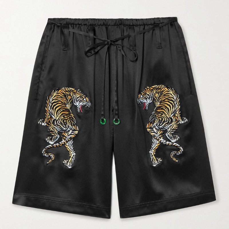 100% 絲質 ::Alexander Wang:: Tiger-embroidered Silk-satin Pyjama Shorts In Black 黑色絲緞老虎刺繡睡衣短褲 S號-0