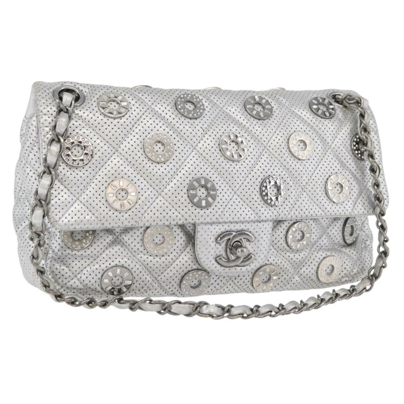 【日本直送】香奈兒 (CHANEL) 絎縫鏈條肩背包，銀色雙C標誌，附沖孔皮革，正品編號 ka3473SAM-0