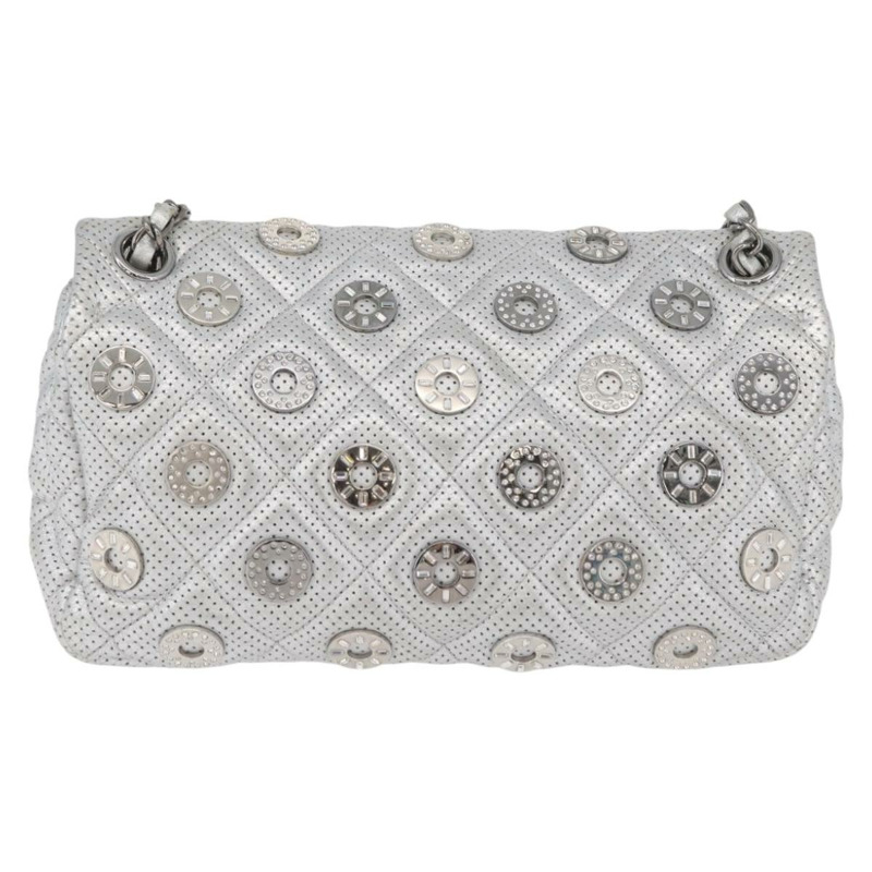 【日本直送】香奈兒 (CHANEL) 絎縫鏈條肩背包，銀色雙C標誌，附沖孔皮革，正品編號 ka3473SAM-1