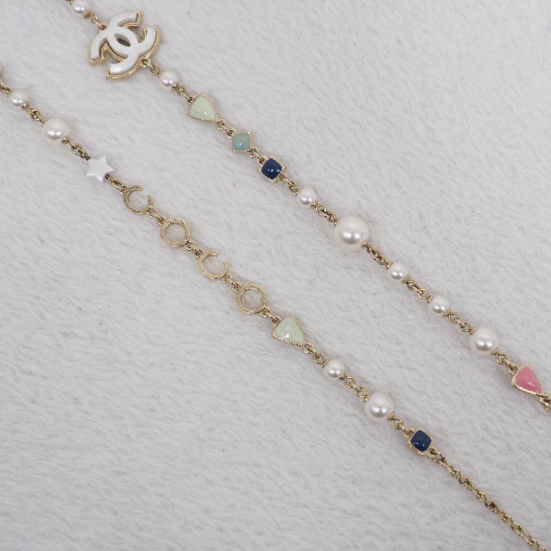 Chanel 白粉藍琺瑯雙C星星珍珠長項鏈2019高訂款-12