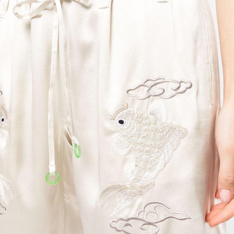 100% 絲質 ::Alexander Wang:: Tiger-embroidered Silk-satin Pyjama Shorts In Black 白色絲緞鯉魚刺繡睡衣短褲 S號-0