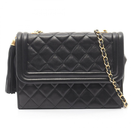 香奈兒 (CHANEL) 絎縫鏈條單肩包，流蘇羊皮，黑色，二手，女士，金色五金