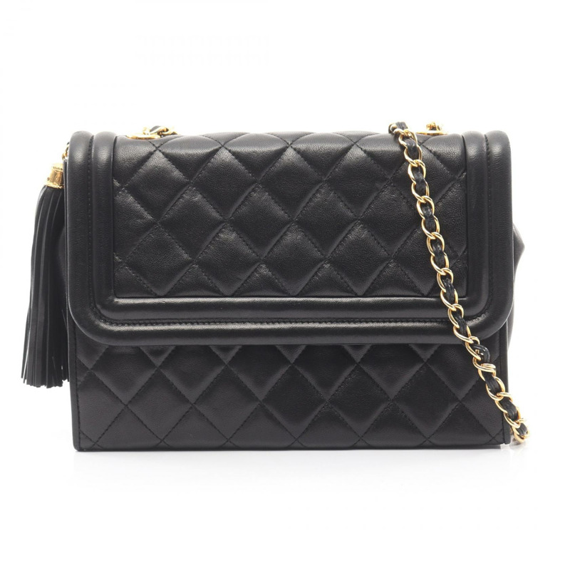 香奈兒 (CHANEL) 絎縫鏈條單肩包，流蘇羊皮，黑色，二手，女士，金色五金-0