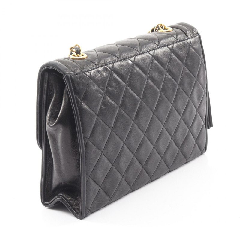 香奈兒 (CHANEL) 絎縫鏈條單肩包，流蘇羊皮，黑色，二手，女士，金色五金-1