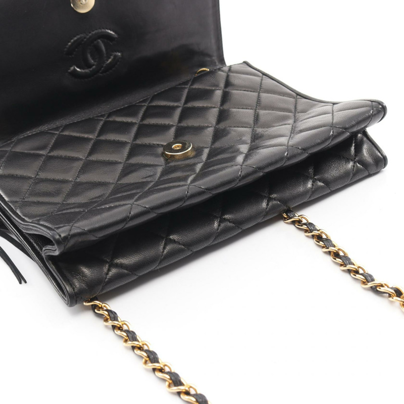 香奈兒 (CHANEL) 絎縫鏈條單肩包，流蘇羊皮，黑色，二手，女士，金色五金-10