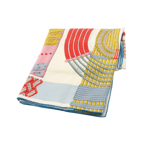 愛馬仕 Carre140 盛裝舞步圍巾，絲絨羊絨混紡，白色多色，二手