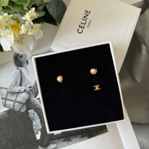 Triomphe 凱旋標誌及樹脂珍珠三件組耳環(金色/象牙白)