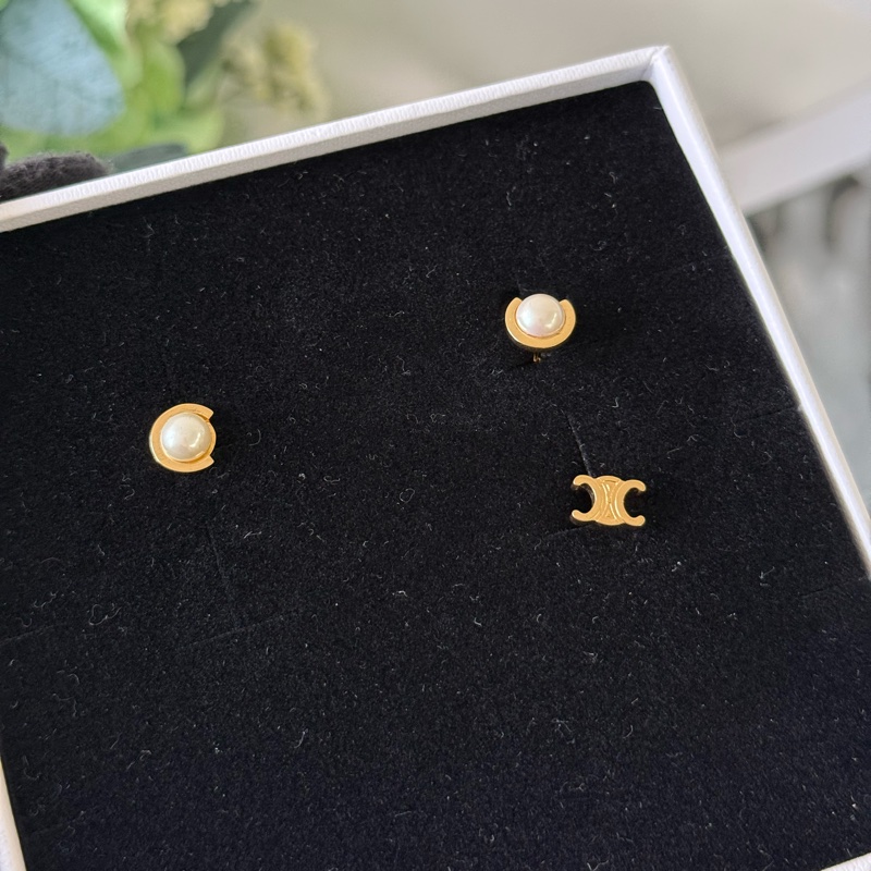 Triomphe 凱旋標誌及樹脂珍珠三件組耳環(金色/象牙白)-1