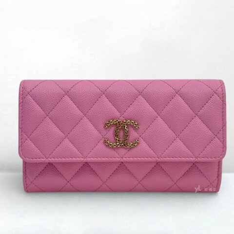 S5275-Chanel 粉荔枝牛皮鏤空雙C LOGO下蓋中夾AP3183