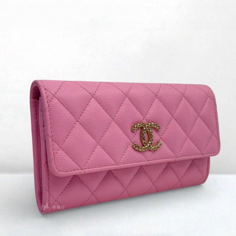 S5275-Chanel 粉荔枝牛皮鏤空雙C LOGO下蓋中夾AP3183-1