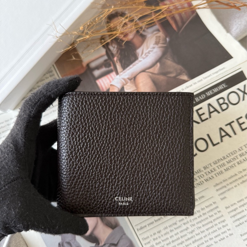 銀字粒紋牛皮對開零錢袋短夾(咖啡色)-1