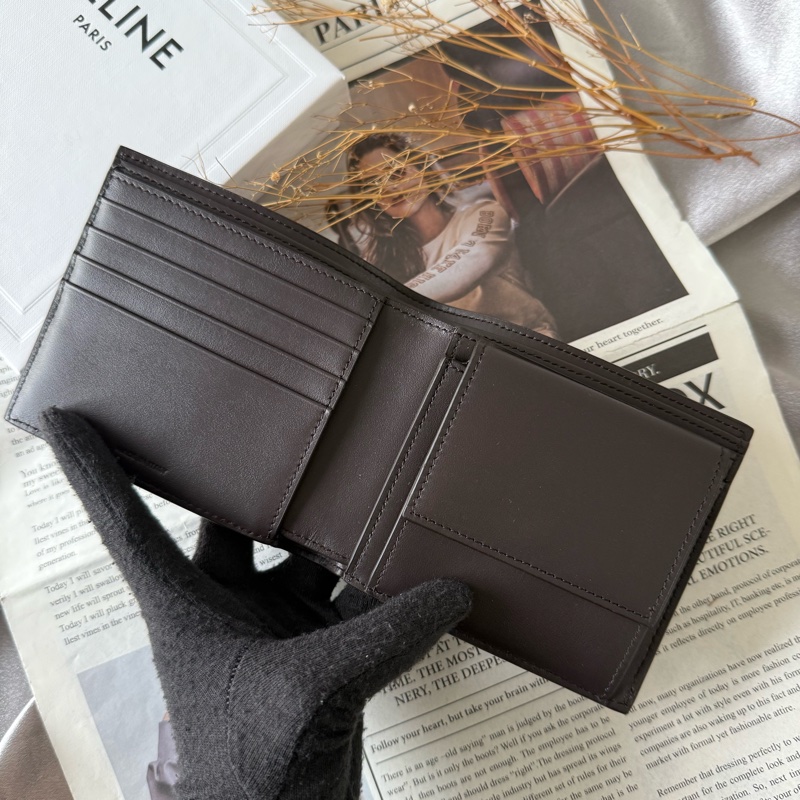 銀字粒紋牛皮對開零錢袋短夾(咖啡色)-6