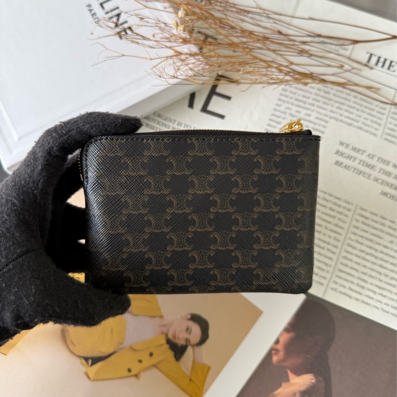 滿版凱旋標誌帆布附釦環拉鍊卡夾/零錢包(黝黑色)-3