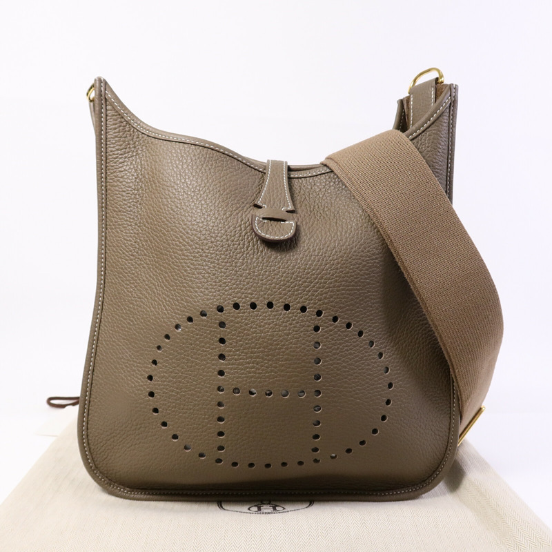HERMES Clemence皮革Evelyne PM肩背袋Etoupe-9