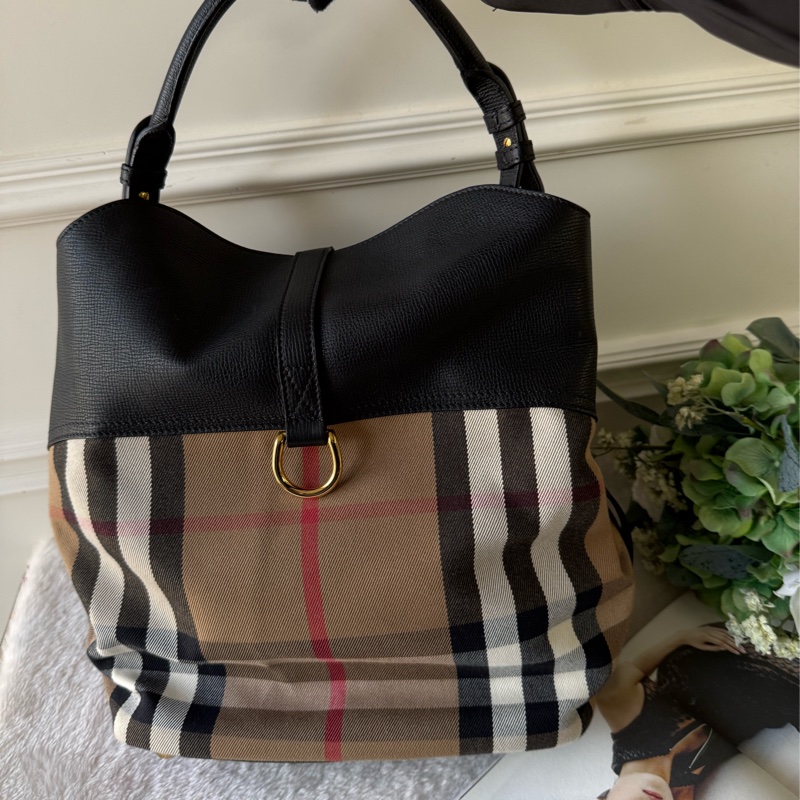 Sycamore 格紋帆布及牛皮中型 Hobo包(黑色)-3