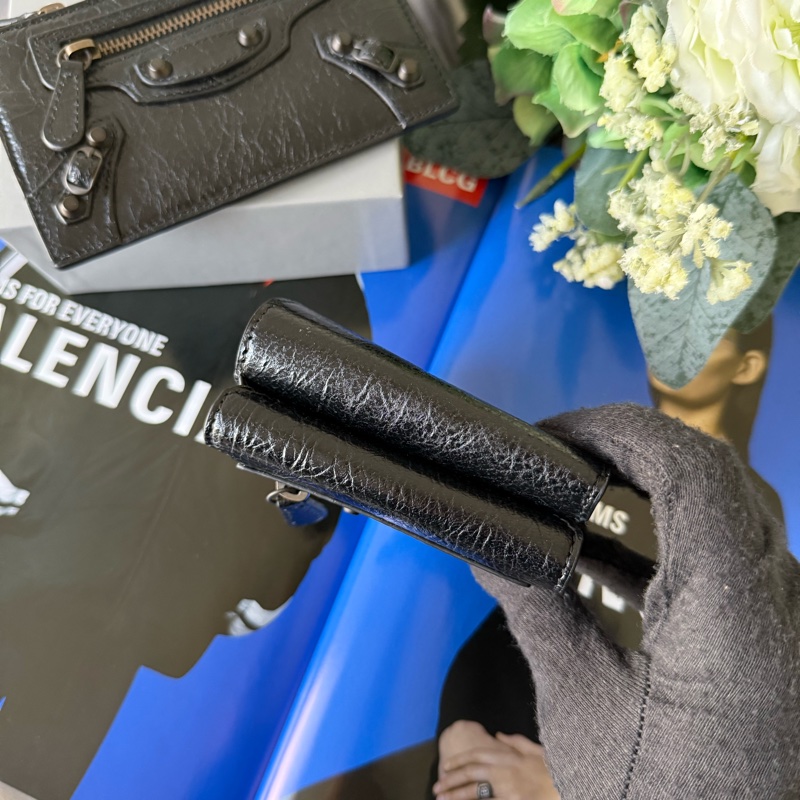 Le City 仿舊釦小羊皮迷你三折短夾(黑色)-5