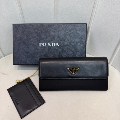 PRADA 黑色皮革拼帆布長夾 XC181
