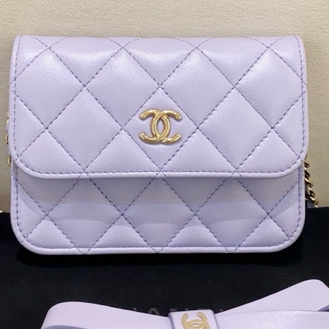 Chanel香奈兒 紫色 mini woc 蝴蝶結鏈條包腰包 附件塵袋