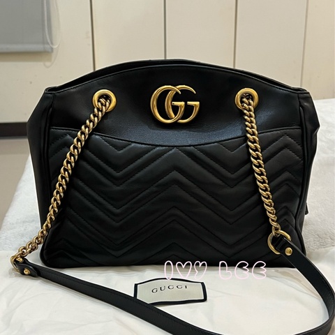 Gucci古馳 肩背包 斜背包 鍊條包 marmont 443501 經典黑 金 正品 二手精品