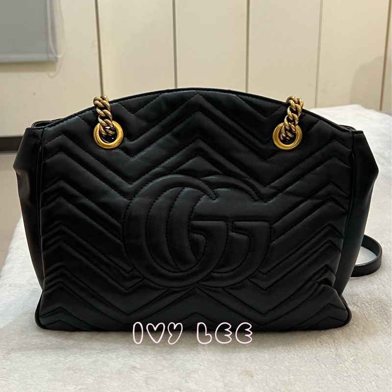 Gucci古馳 肩背包 斜背包 鍊條包 marmont 443501 經典黑 金 正品 二手精品-1