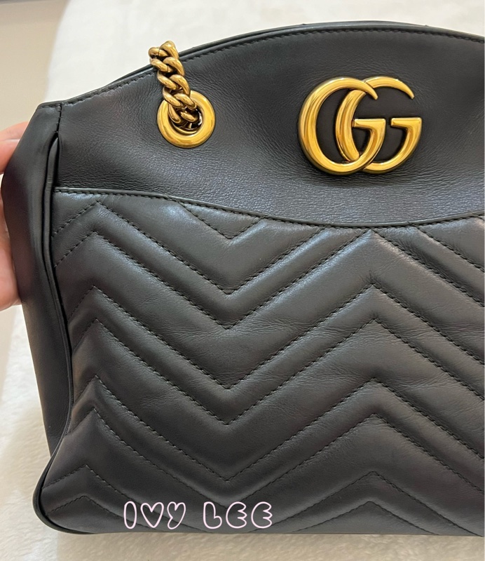 Gucci古馳 肩背包 斜背包 鍊條包 marmont 443501 經典黑 金 正品 二手精品-27