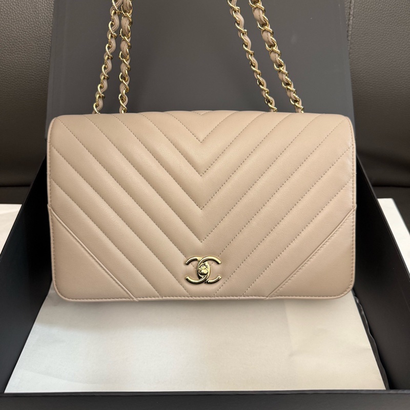 ✨Chanel 奶茶色V紋金扣 CF 99🆕-1