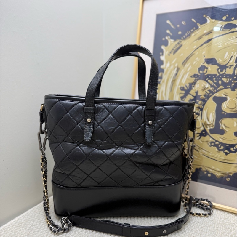 Chanel/香奈兒 流浪包黑色金扣牛皮手提包鏈條包 24開 很少見的款 不易撞包-3