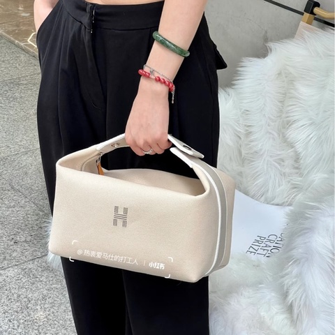 HERMES飯盒包愛馬仕米白拼色帆布Bride a Brac 大型手提收納包 盥洗包 化妝包