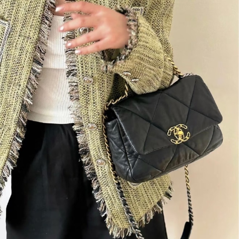 CHANEL香奈兒19Bag小號黑金配經典菱格紋肩背斜挎包-0