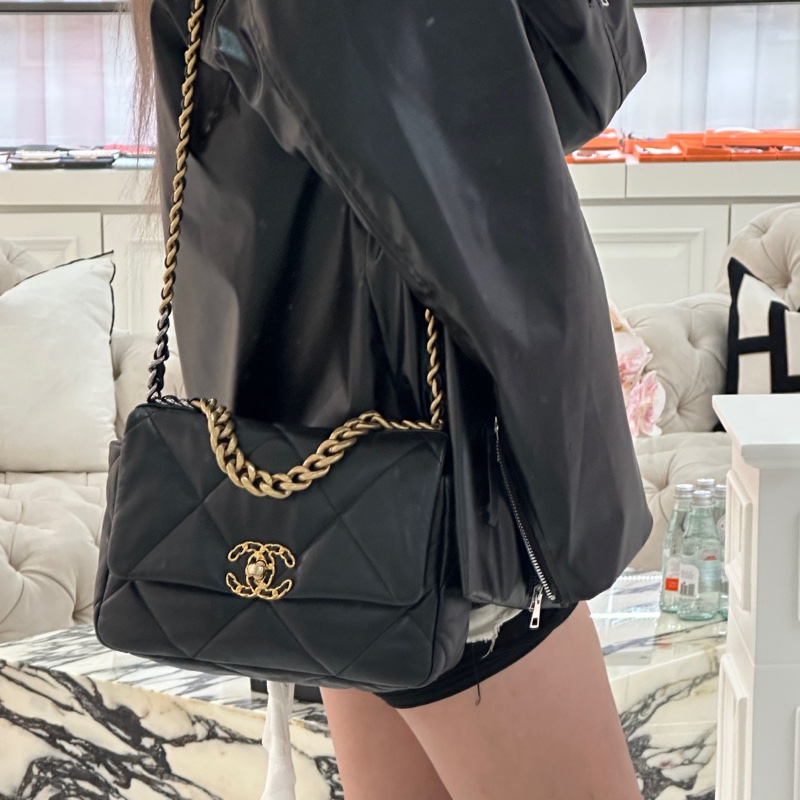 CHANEL香奈兒19Bag小號黑金配經典菱格紋肩背斜挎包-2