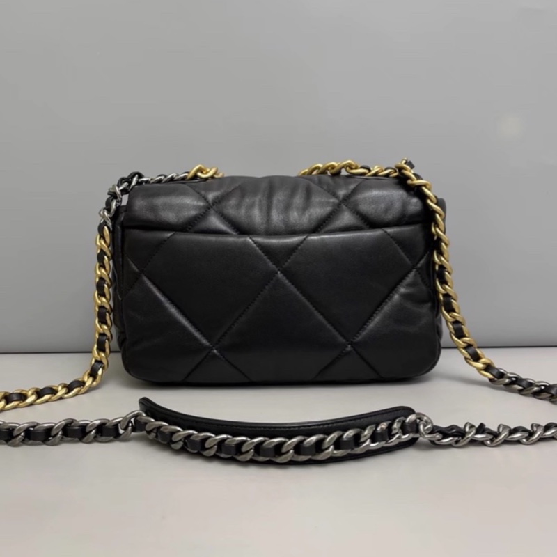 CHANEL香奈兒19Bag小號黑金配經典菱格紋肩背斜挎包-12