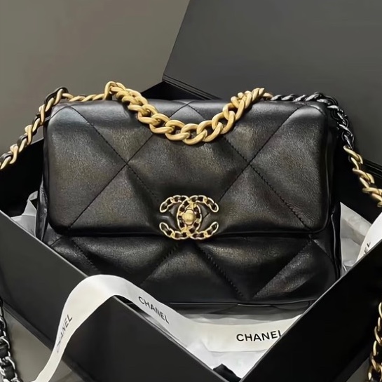 CHANEL香奈兒19Bag小號黑金配經典菱格紋肩背斜挎包-19