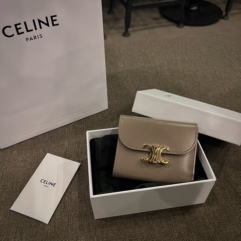 📢二手 Celine Triomphe 經典凱旋門大象灰金釦三折短夾 正品