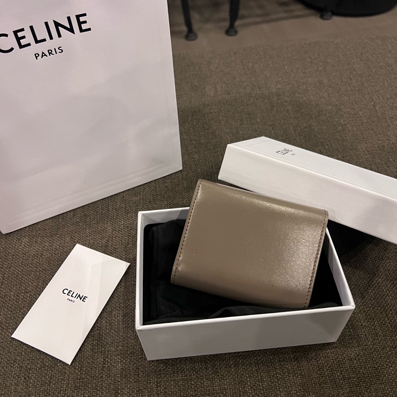 📢二手 Celine Triomphe 經典凱旋門大象灰金釦三折短夾 正品-1