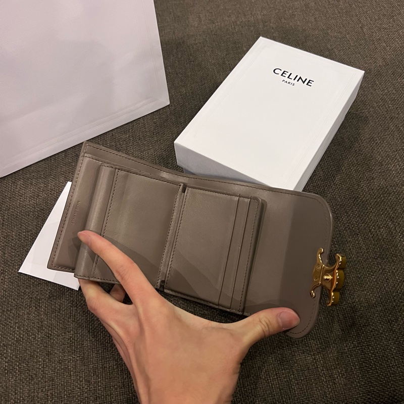📢二手 Celine Triomphe 經典凱旋門大象灰金釦三折短夾 正品-3