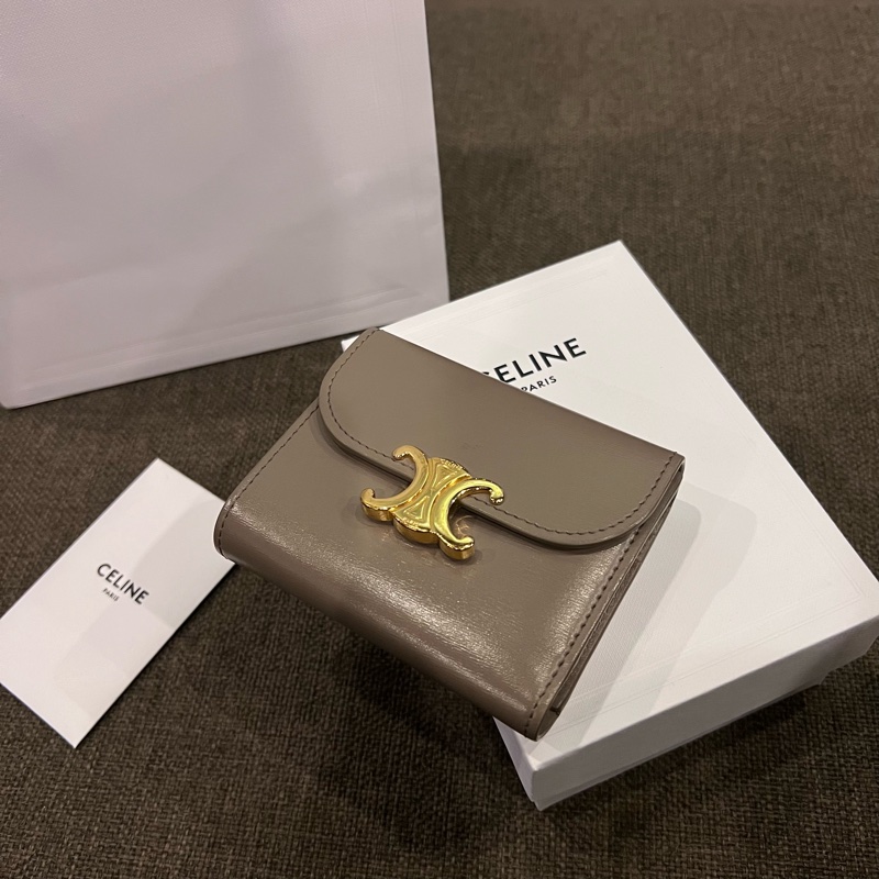📢二手 Celine Triomphe 經典凱旋門大象灰金釦三折短夾 正品-4