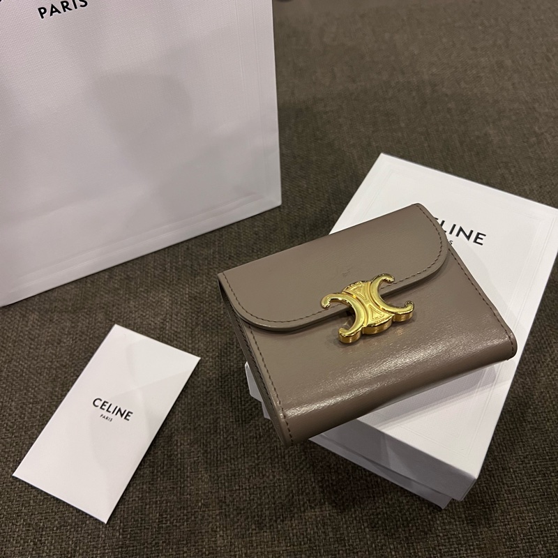 📢二手 Celine Triomphe 經典凱旋門大象灰金釦三折短夾 正品-5