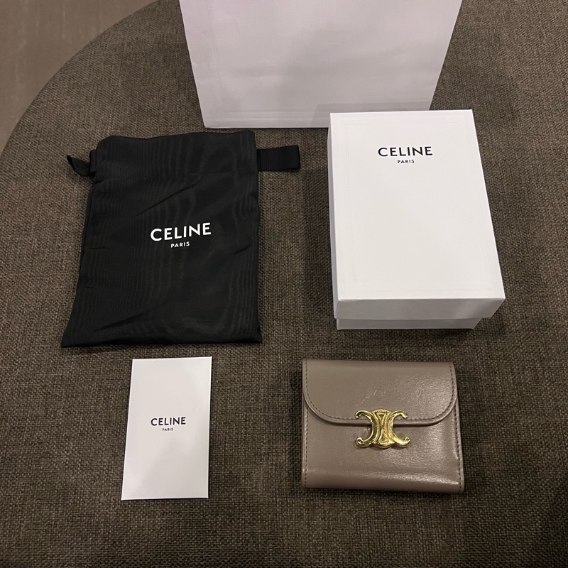 📢二手 Celine Triomphe 經典凱旋門大象灰金釦三折短夾 正品-6