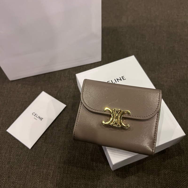 📢二手 Celine Triomphe 經典凱旋門大象灰金釦三折短夾 正品-7
