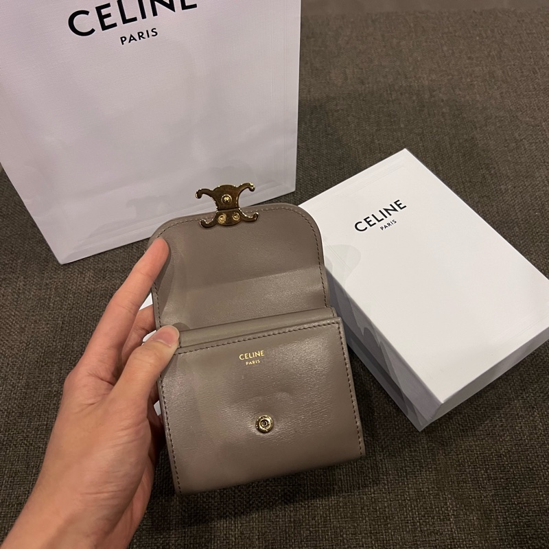 📢二手 Celine Triomphe 經典凱旋門大象灰金釦三折短夾 正品-8