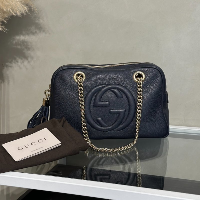 GUCCI GG牛皮單肩包 - 深藍金-9