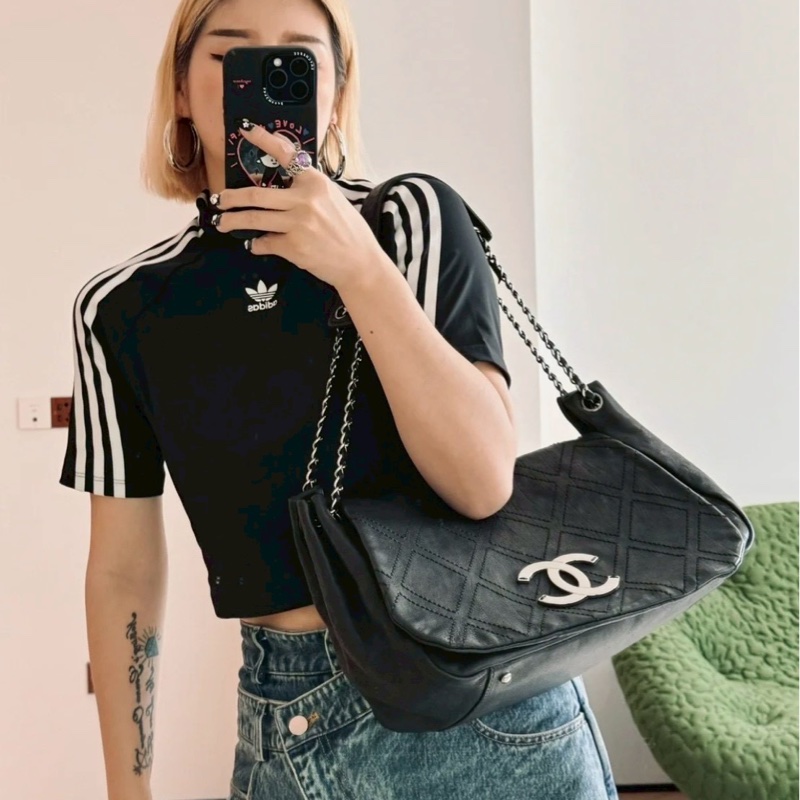 💎Chanel｜黑銀黑皮帆蓋hobo｜機場系列-2