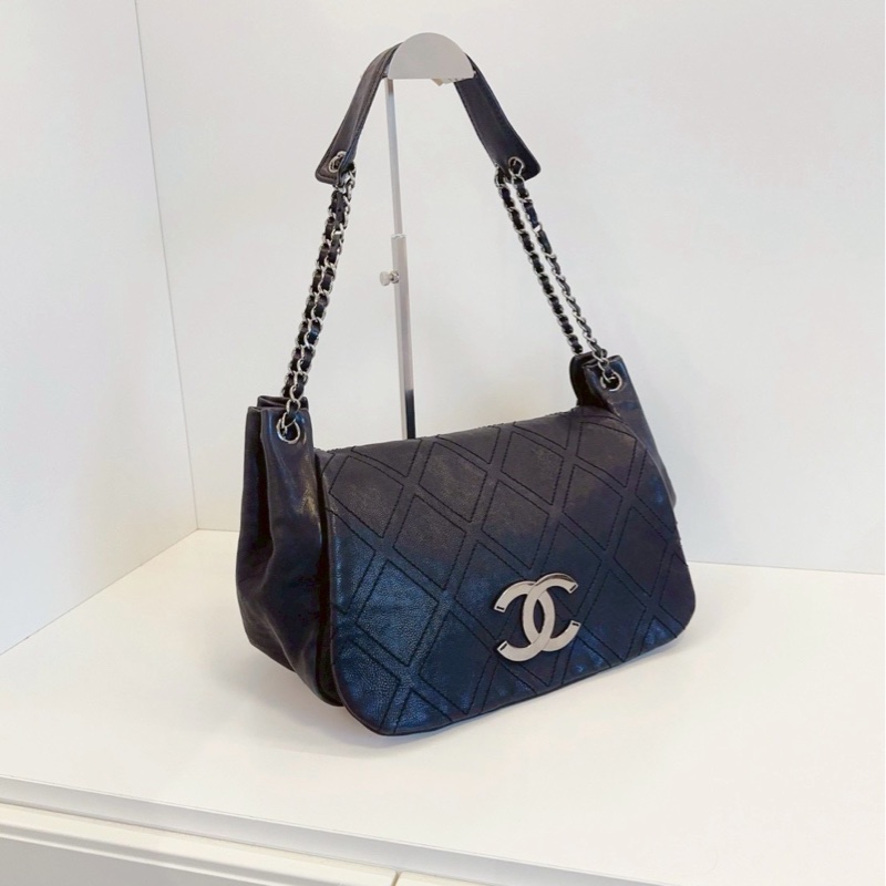 💎Chanel｜黑銀黑皮帆蓋hobo｜機場系列-3
