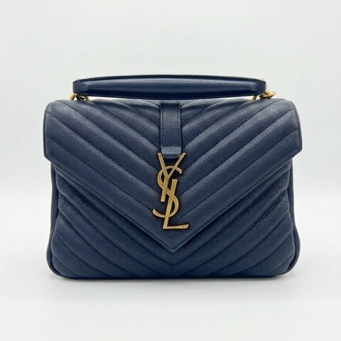 YSL 墨藍色金釦絎縫紋學院包