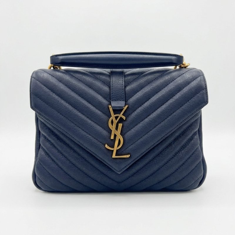 YSL 墨藍色金釦絎縫紋學院包-0