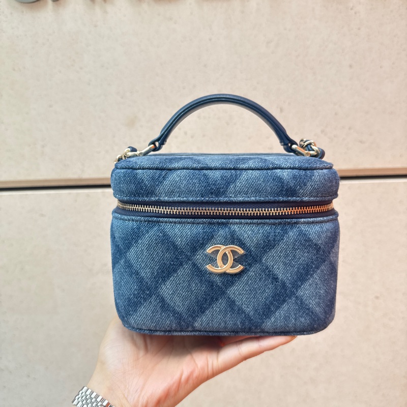 Chanel/香奈兒新款單寧牛仔盒子化妝包手提單肩斜挎鏈條包自帶鏡子-0