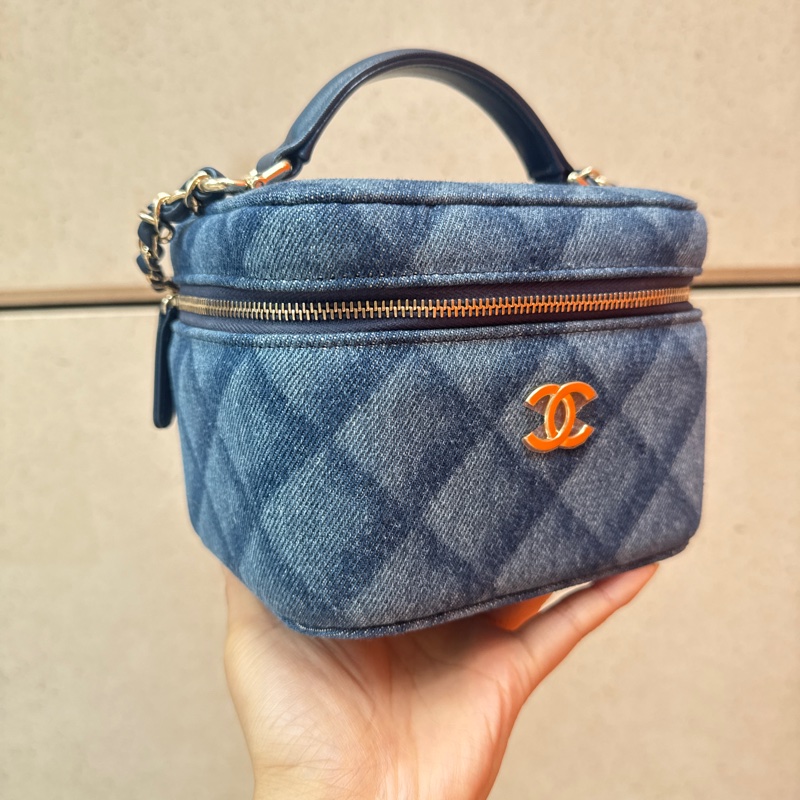 Chanel/香奈兒新款單寧牛仔盒子化妝包手提單肩斜挎鏈條包自帶鏡子-1