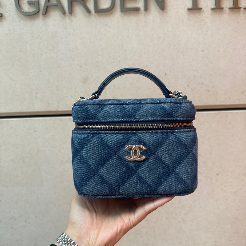 Chanel/香奈兒新款單寧牛仔盒子化妝包手提單肩斜挎鏈條包自帶鏡子-2