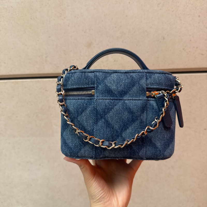 Chanel/香奈兒新款單寧牛仔盒子化妝包手提單肩斜挎鏈條包自帶鏡子-3
