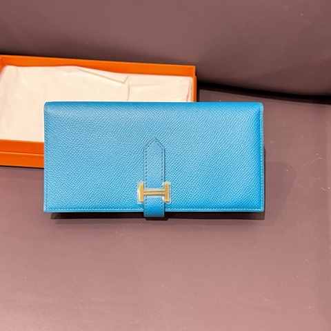 愛馬仕 Hermes bearn長款錢包 框O刻 epsom皮 藍色 金扣